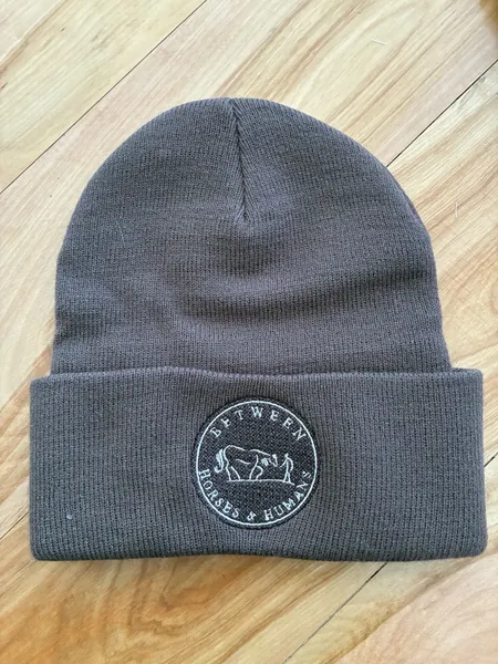 Charcoal beanie with a round Between Horses & Humans logo patch