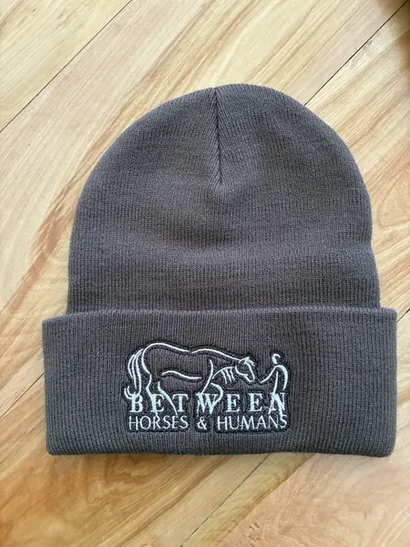 Charcoal beanie embroidered full-width with the Between Horses & Humans logo