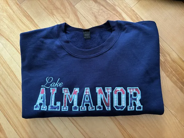 Navy Lake Almanor sweatshirt with plaid applique letters