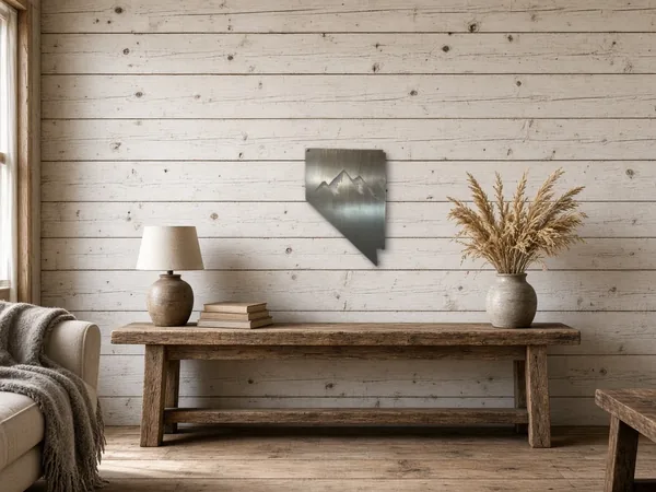 Nevada mountain plaque shown on a whitewashed cabin wall above a rustic console table