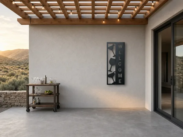 Cocktail glasses welcome sign shown on a stucco patio wall beside a bar cart, with high-desert hills behind
